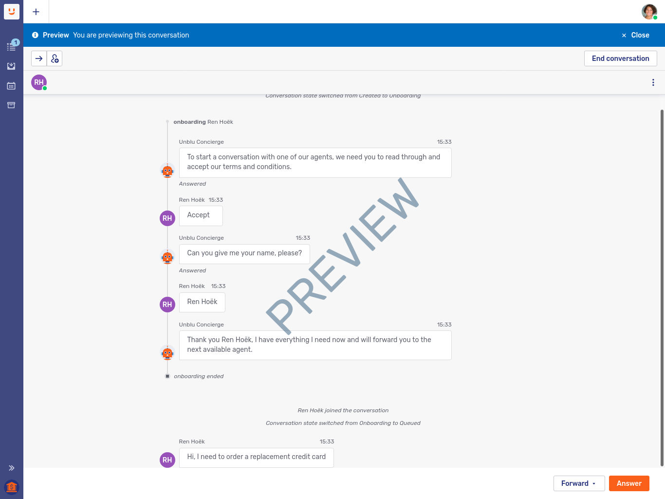 Conversation preview in the Agent Desk queue