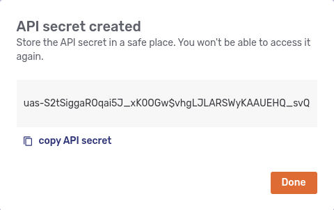 Modal dialog displaying the new API secret