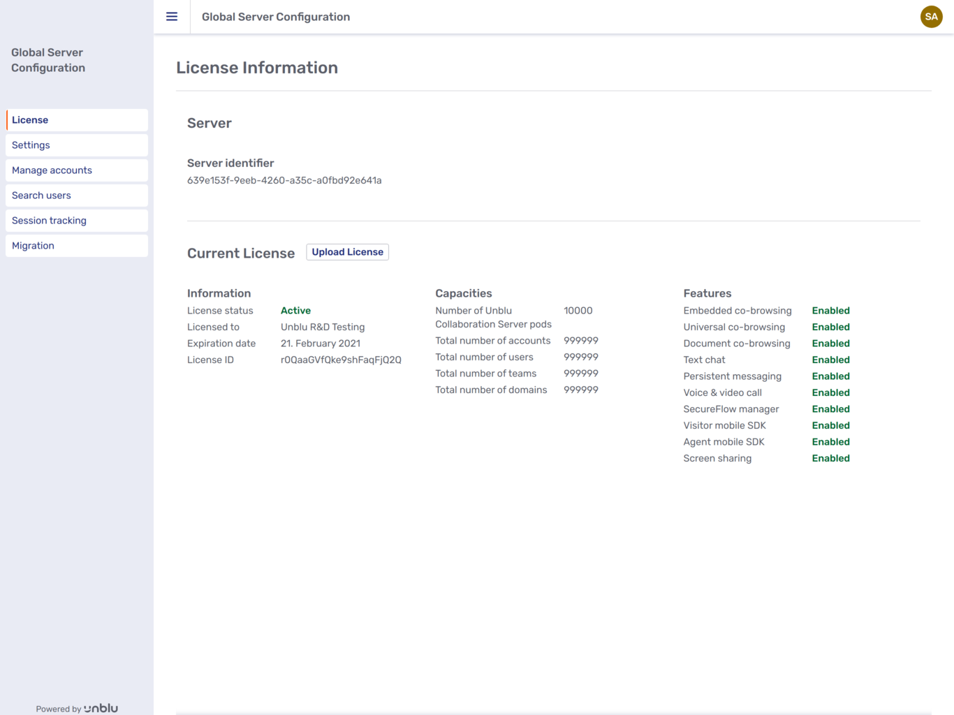 License details in the Global Configuration interface